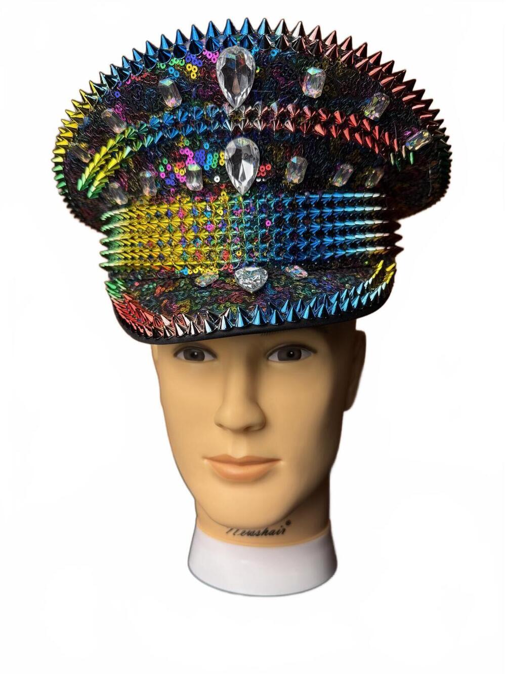 Multicolor Sequin and Spike Embellished Military Style Hat Rainbow